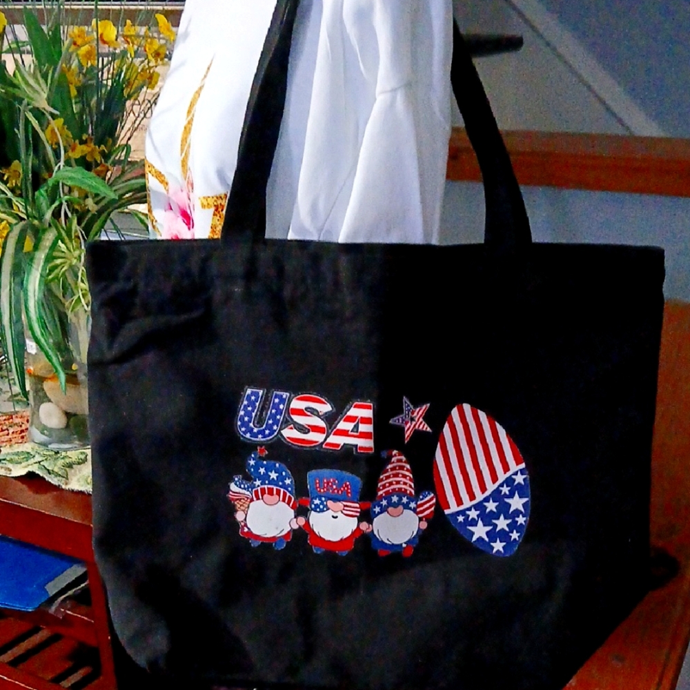 Black Canvas Tote Bag with Patriotic Design